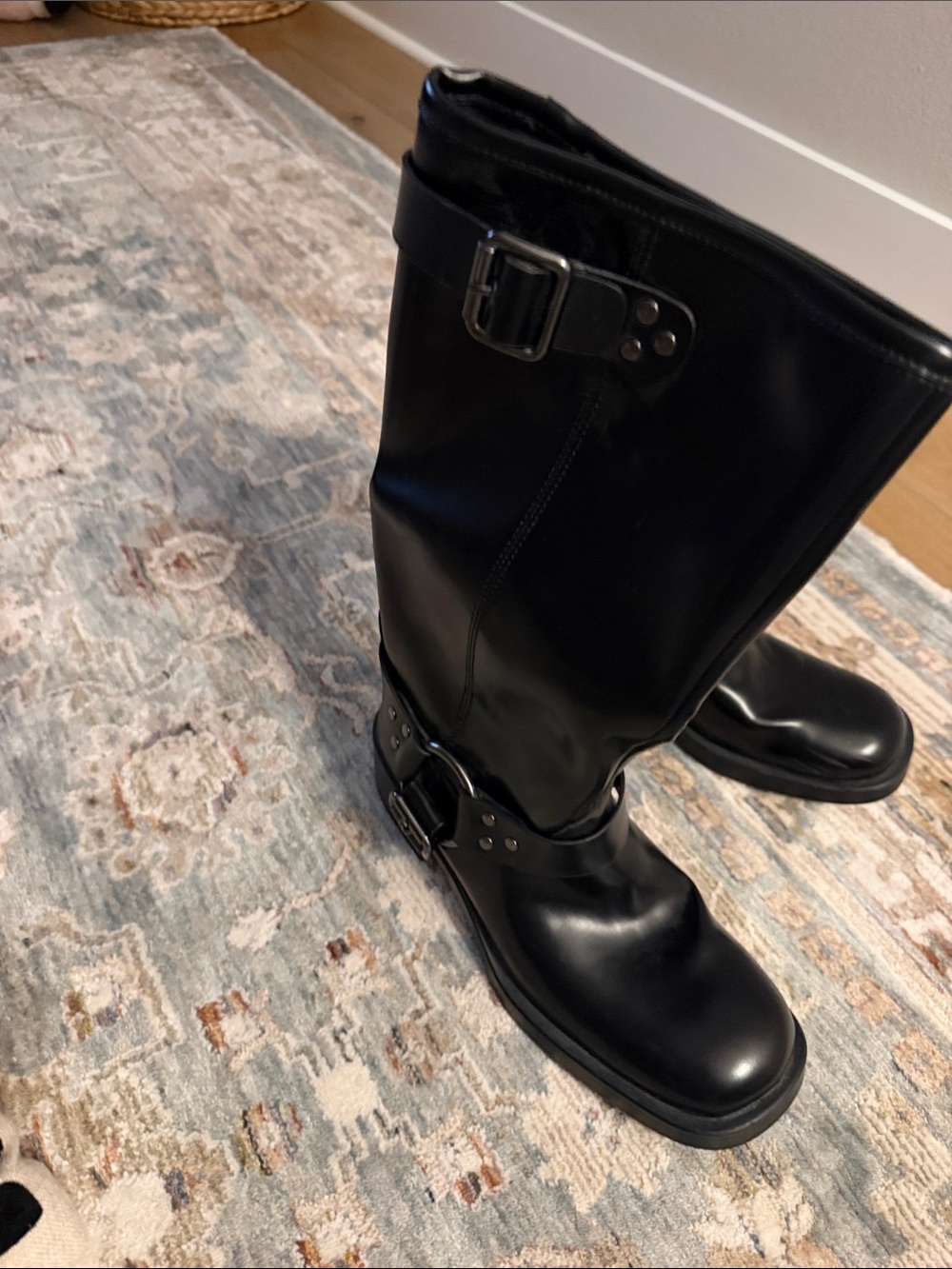 H&M Black Buckle Mid-Calf Leather Heeled Boots